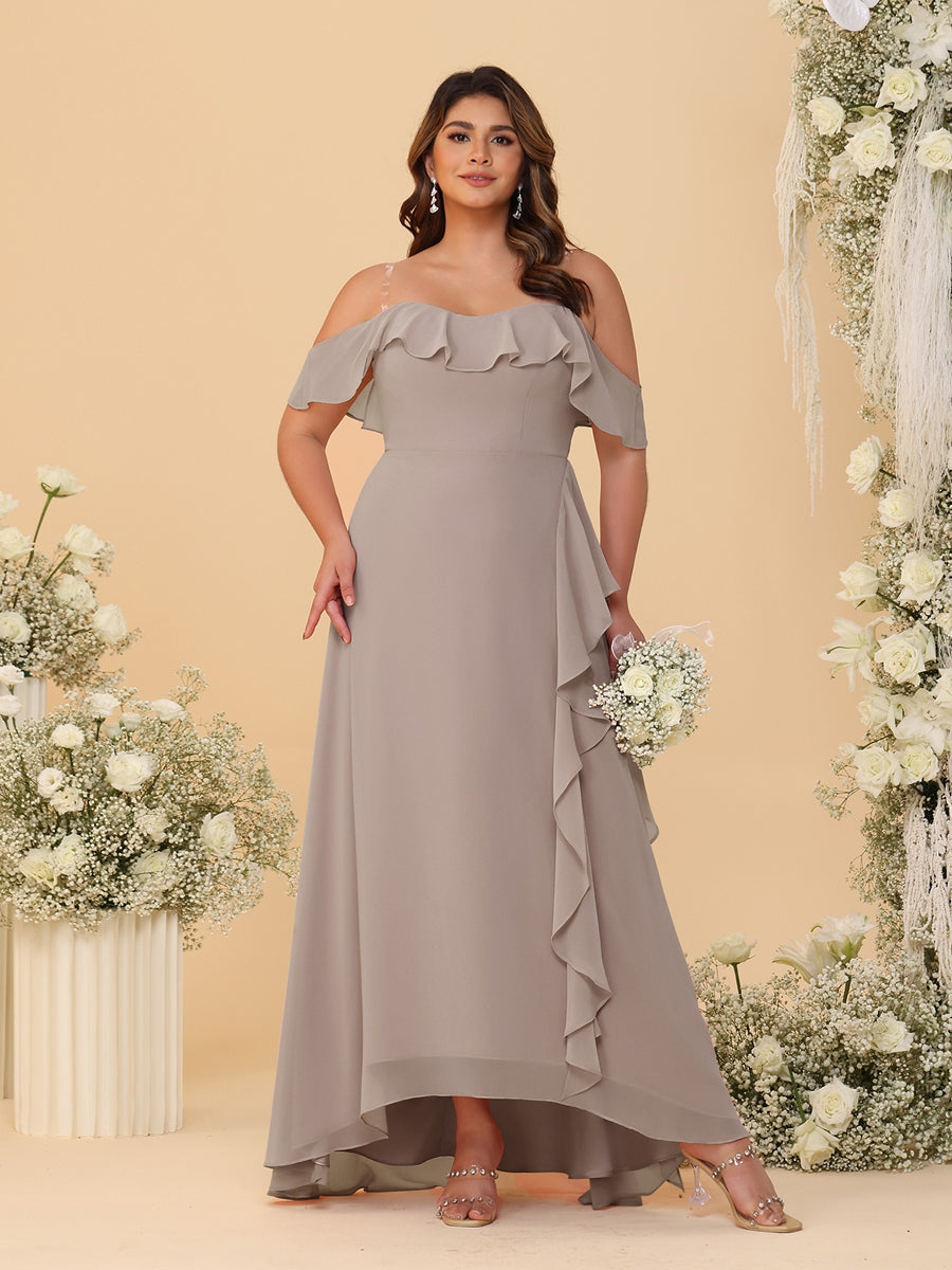 A-Line/Princess Off-the-Shoulder Plus Size Bridesmaid Dresses with Ruffles Taupe