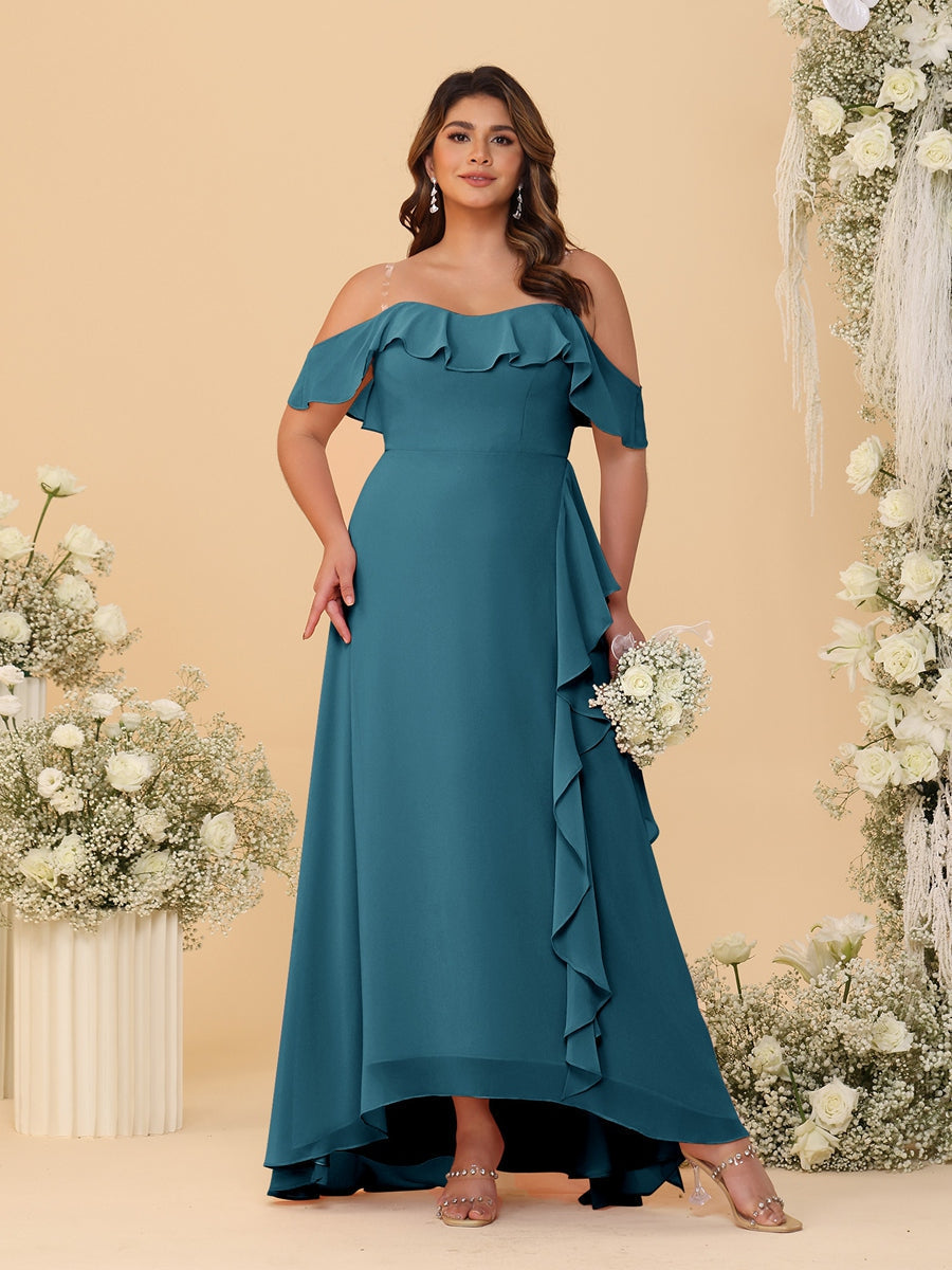 A-Line/Princess Off-the-Shoulder Plus Size Bridesmaid Dresses with Ruffles Teal
