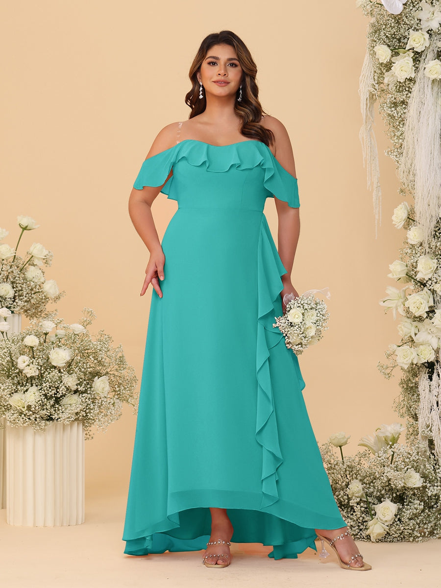 A-Line/Princess Off-the-Shoulder Plus Size Bridesmaid Dresses with Ruffles Turquoise
