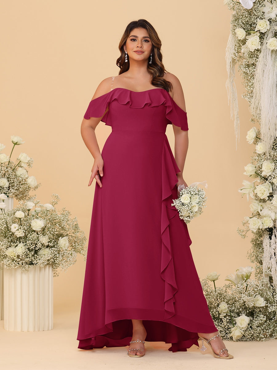 A-Line/Princess Off-the-Shoulder Plus Size Bridesmaid Dresses with Ruffles Wine Red