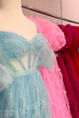 Fuchsia A Line Off the Shoulder Tulle Corset Prom Dress with Bowknot