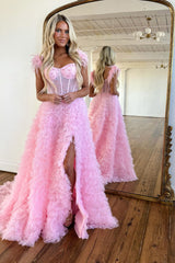 Princess A Line Off the Shoulder Pink Long Prom Dress with Feather