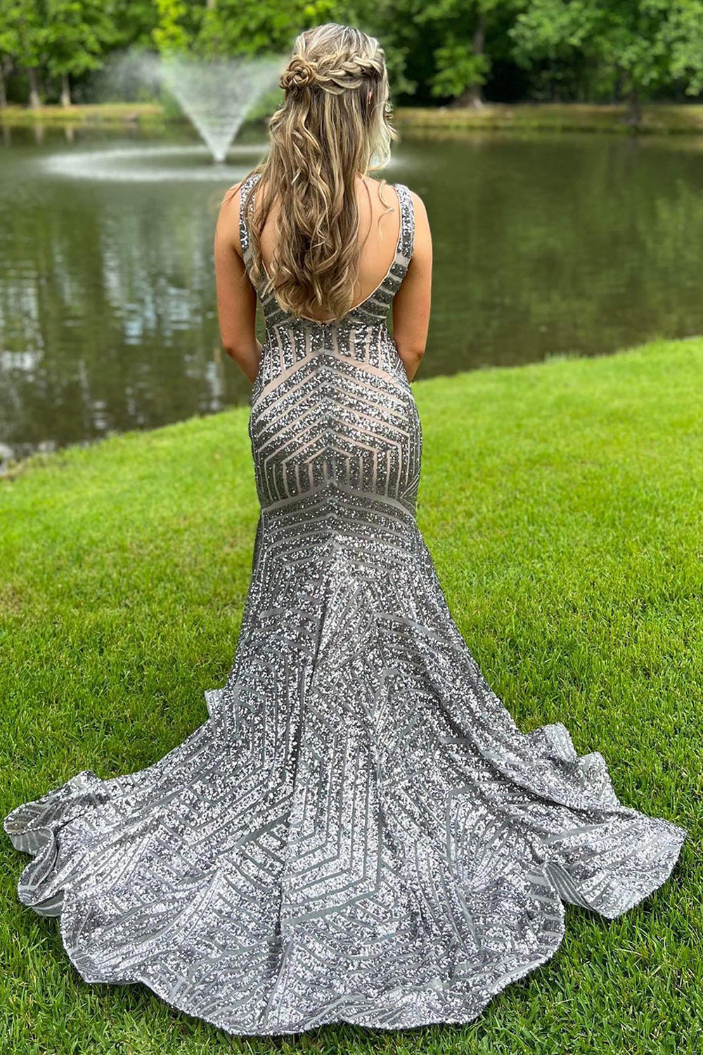 Sparkly Blue Mermaid Deep V Neck Long Prom Dress with Sequins