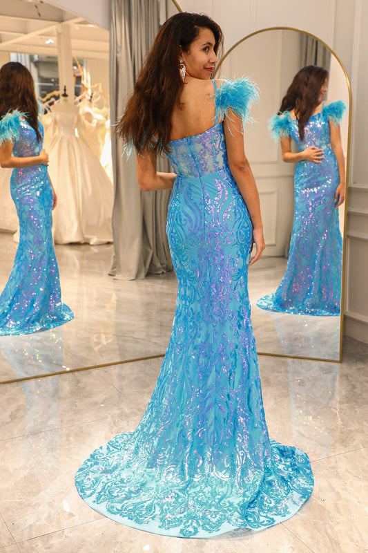 Glitter Light Blue Mermaid Long Feathered Prom Dress