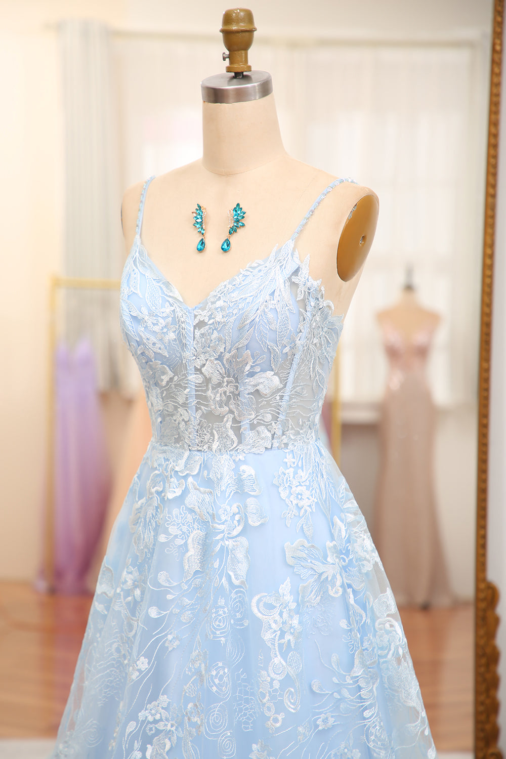 Sky Blue A Line Tulle Long Corset Prom Dress With Appliques