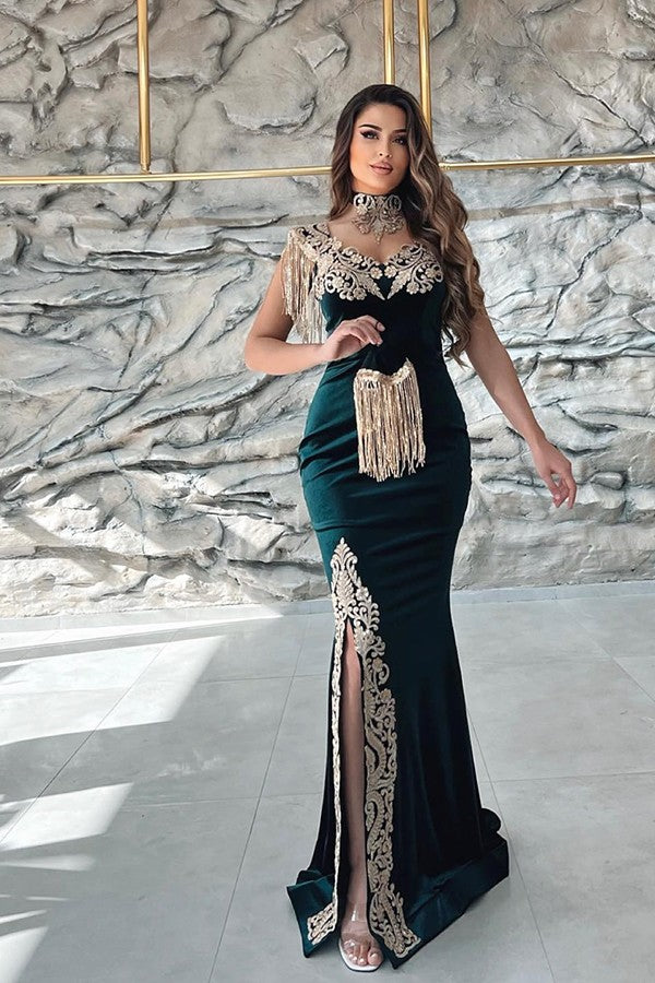 Dark Green Sleeveless V-Neck Mermaid Evening Dress with Applique Split and Detachable Skirt