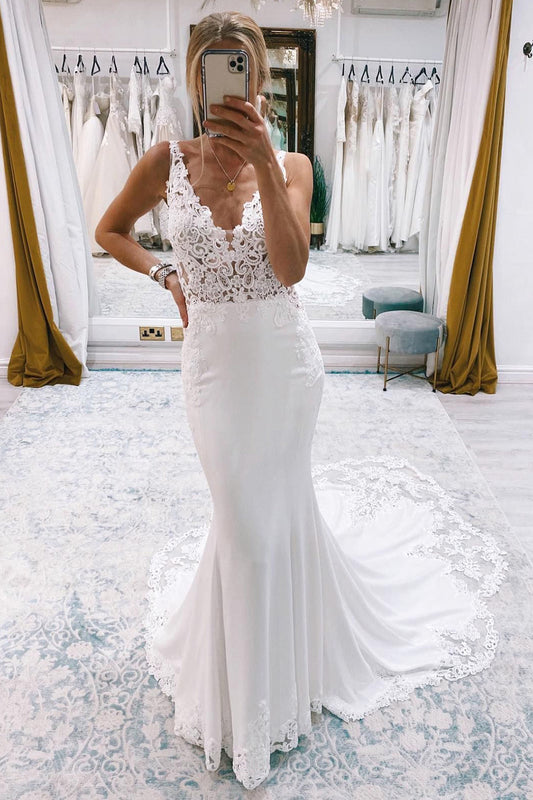 Beautiful Mermaid White Deep V-Neck Long Wedding Dress with Lace