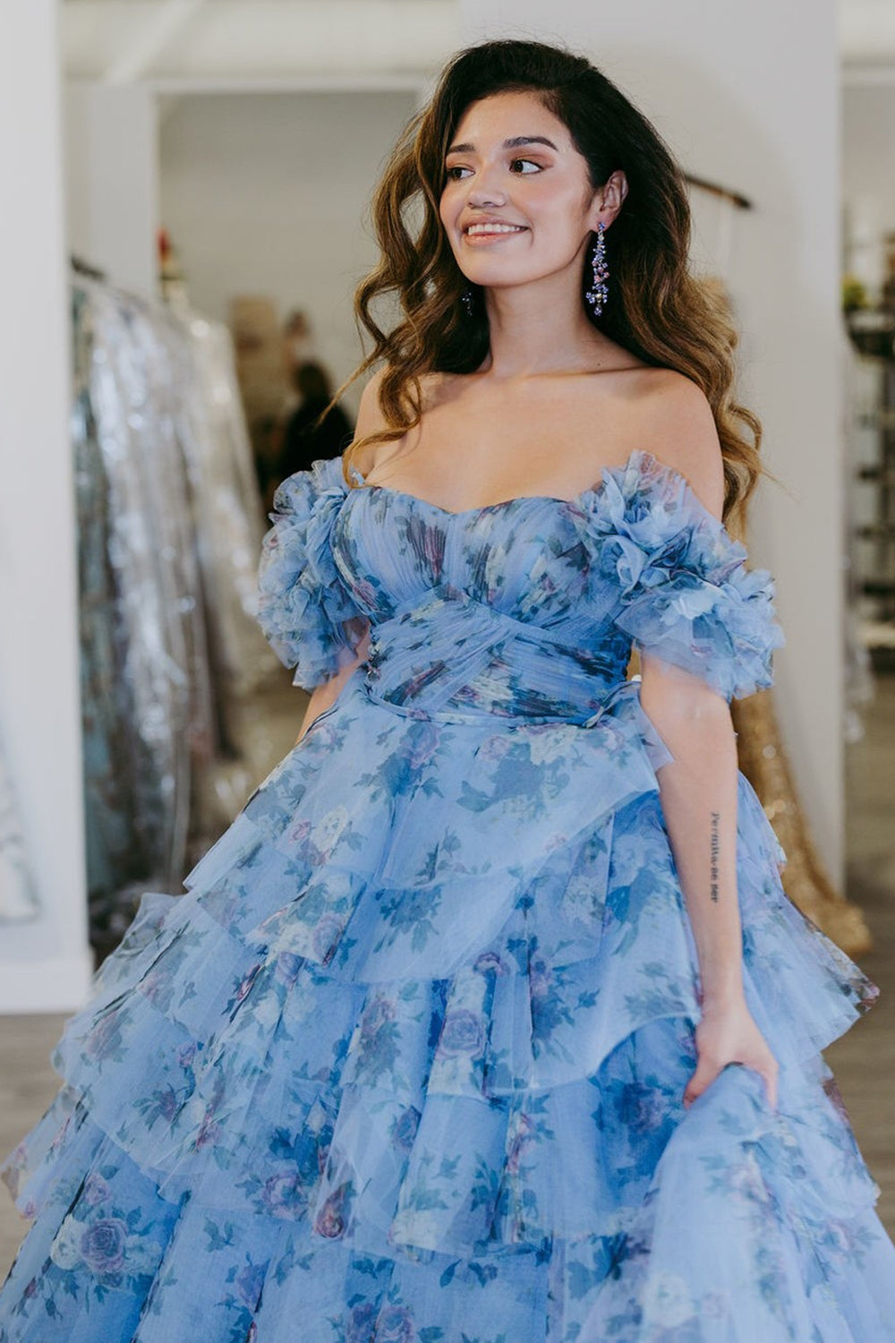 Blue Floral Tiered A-Line Long Prom Dress with Ruffles