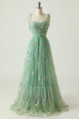 Green Prom Dress A-Line Embroidered Bowknot Sleeveless Party Dress