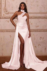 Mermaid Evening Dress with High Neck Split Beads and Ruffles