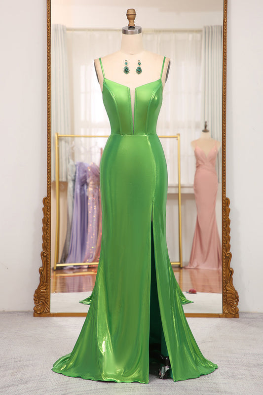 Bright Green Mermaid Spaghetti Straps Long Prom Dress With Slit