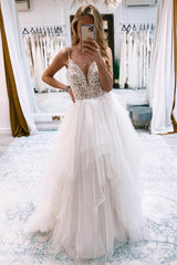 Stylish Ivory A-Line Backless Asymmetrical Tulle Long Wedding Dress with Lace