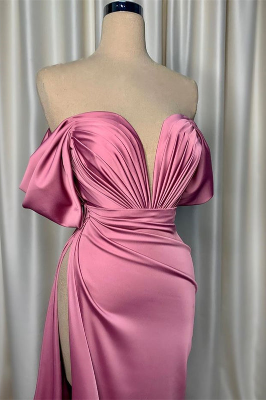 Elegant Pink Evening Dress Charmeuse V-Neck with Pleated Slit