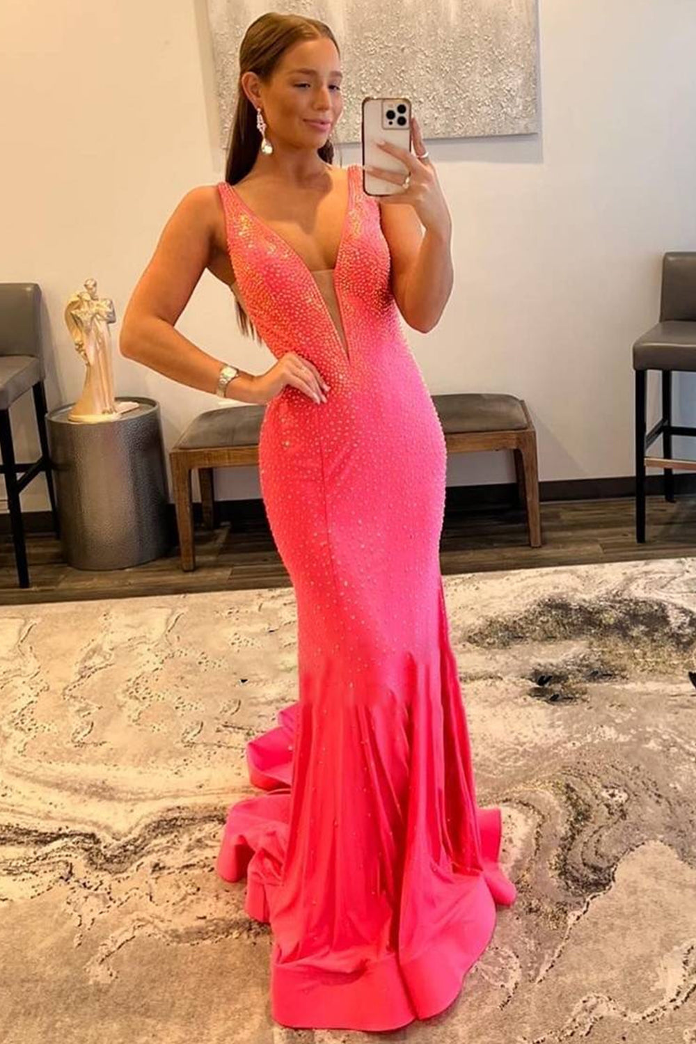 Mermaid Deep V Neck Orange Long Prom Dress with Beading