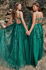 Sparkly Dark Green A-Line Long Tulle Prom Dress with Appliques