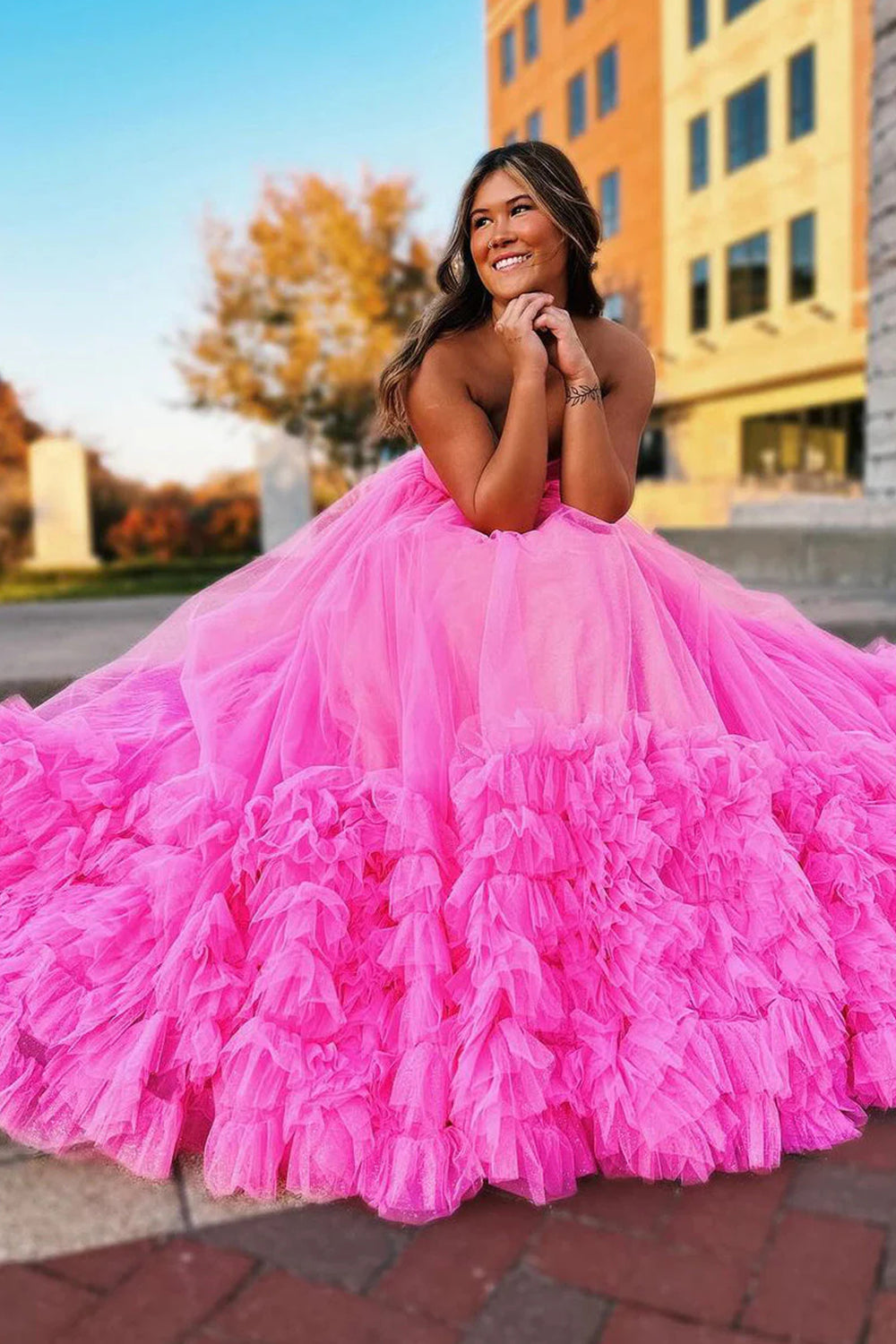 Hot Pink Corset Sweetheart A-Line Long Prom Dress with Ruffles