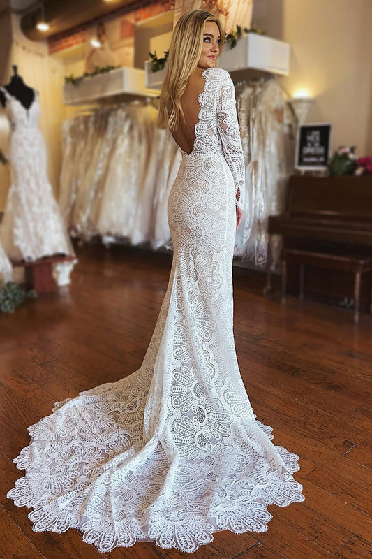 Bohemian White Mermaid Long Lace Wedding Dress with Sleeves