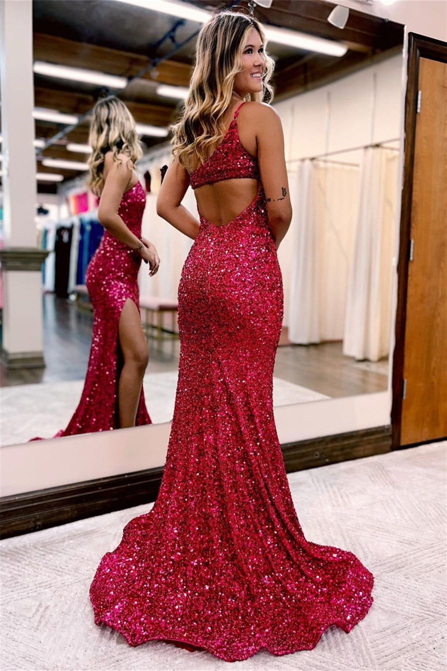 Long Mermaid Evening Dress V Neck with Sequins and Slit