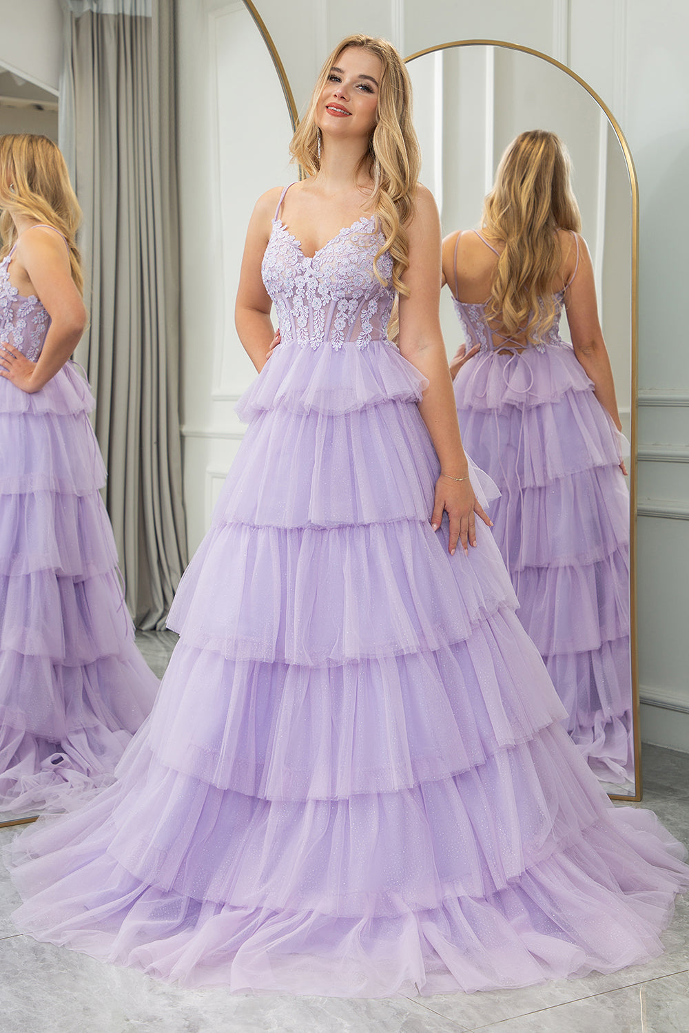 Lilac A Line Tiered Long Corset Prom Dress With Appliques