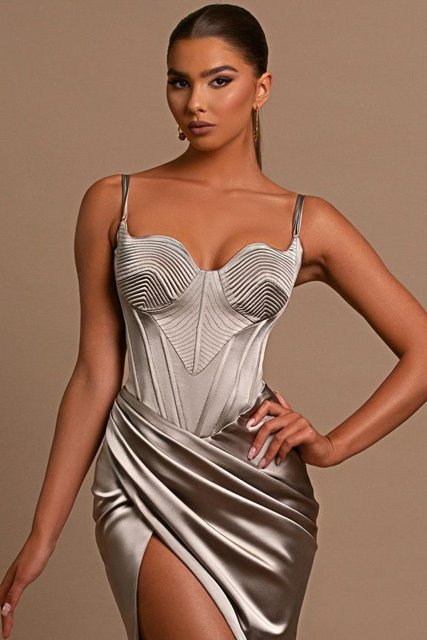 Grey Ball Gown Evening Dress with Slit Pleated Spaghetti Straps