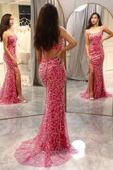 Sparkly Fuchsia Mermaid Long Appliqued Prom Dress With Slit