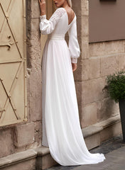 A-Line Beach Wedding Dress Long Sleeves Sweep Train Chiffon Bridal Dress With Lace