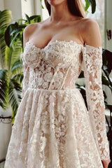 A Line Beach Wedding Dress Off The Shoulder Lace Beading Bridal Gown With Sleeves