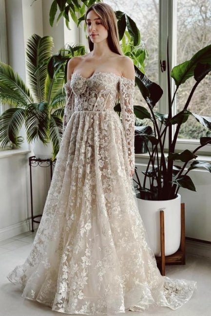 A Line Beach Wedding Dress Off The Shoulder Lace Beading Bridal Gown With Sleeves