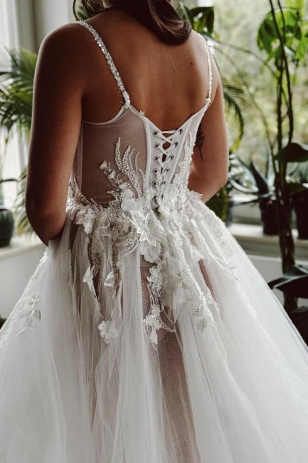 A Line Beach Wedding Dress Spaghetti Straps Tulle Lace Bridal Gown With Slit