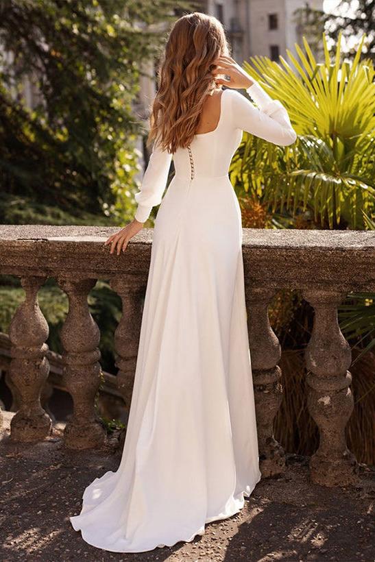 A-Line Beach Wedding Dress Square Neckline Long Sleeves Satin Bridal Gown With Sweep Train
