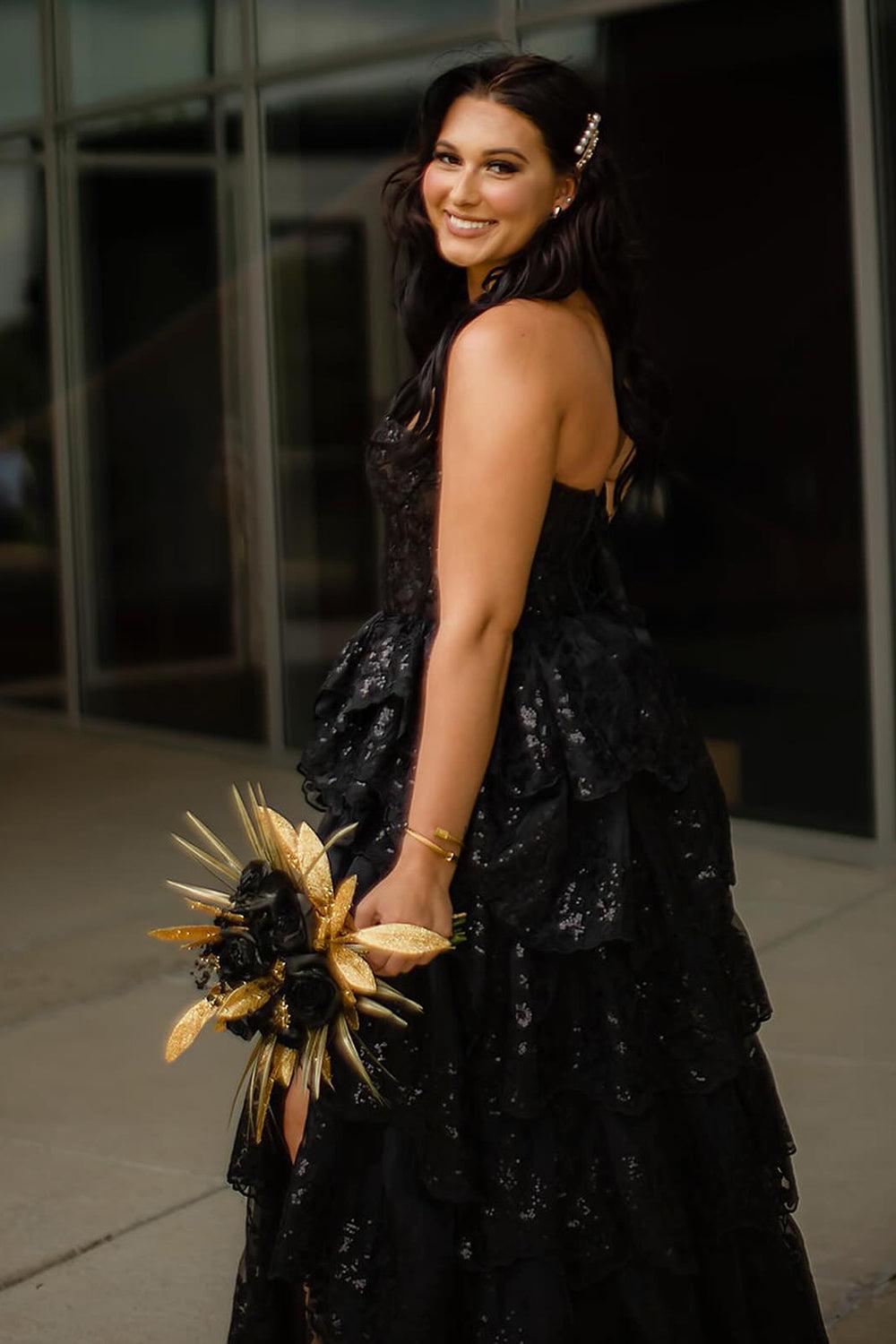 A Line Black Prom Dress Strapless Tulle Tiered Long Corset Evening Dress