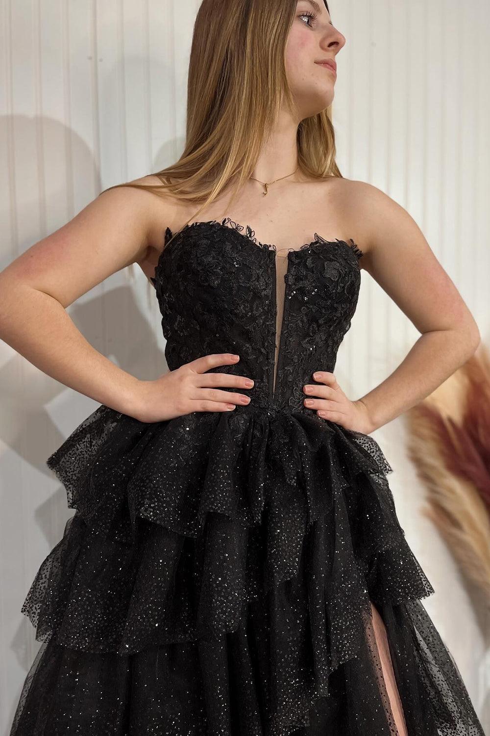 A Line Black Prom Dress Sweetheart Tulle Long Corset Evening Dress with Appliques
