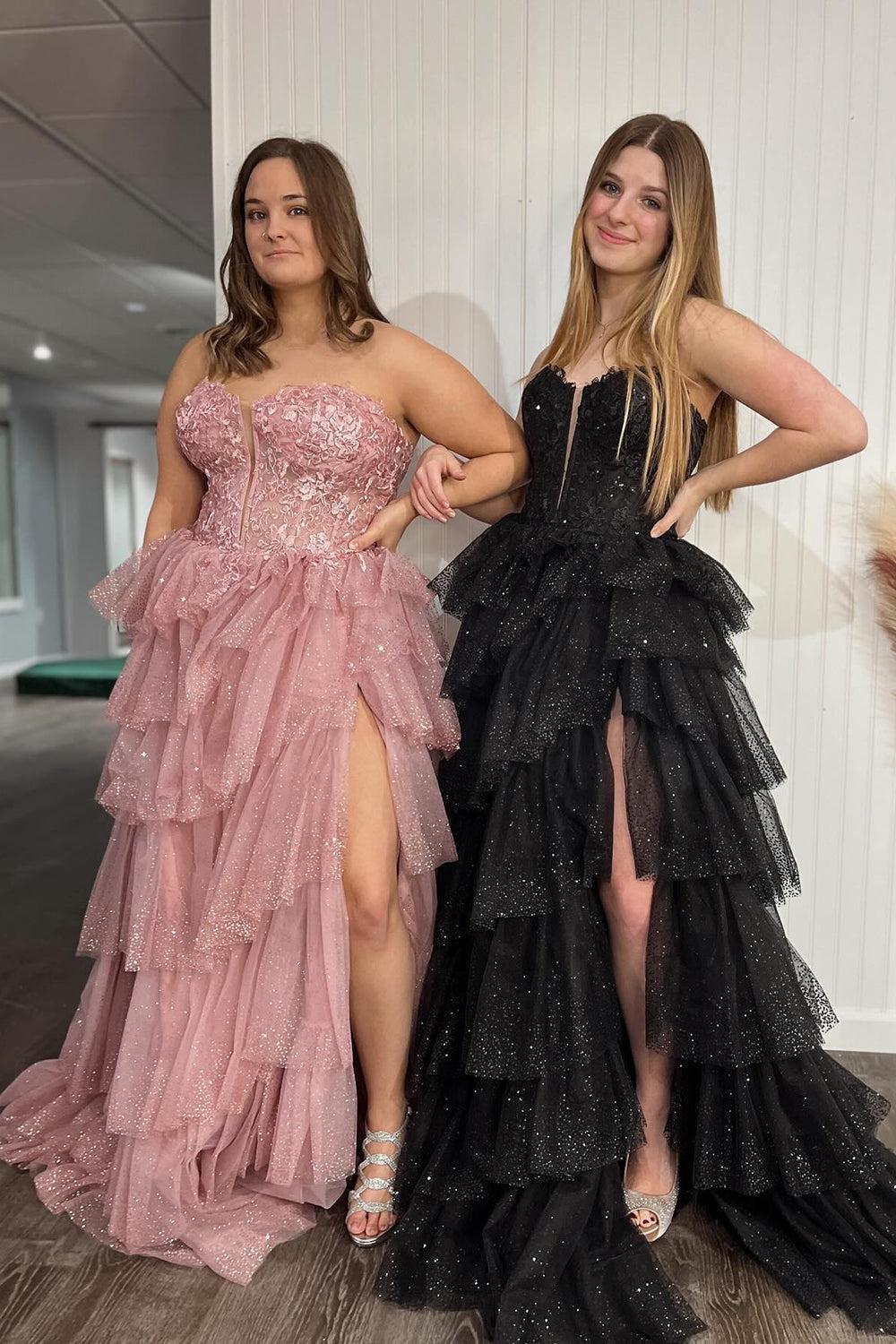 A Line Black Prom Dress Sweetheart Tulle Long Corset Evening Dress with Appliques