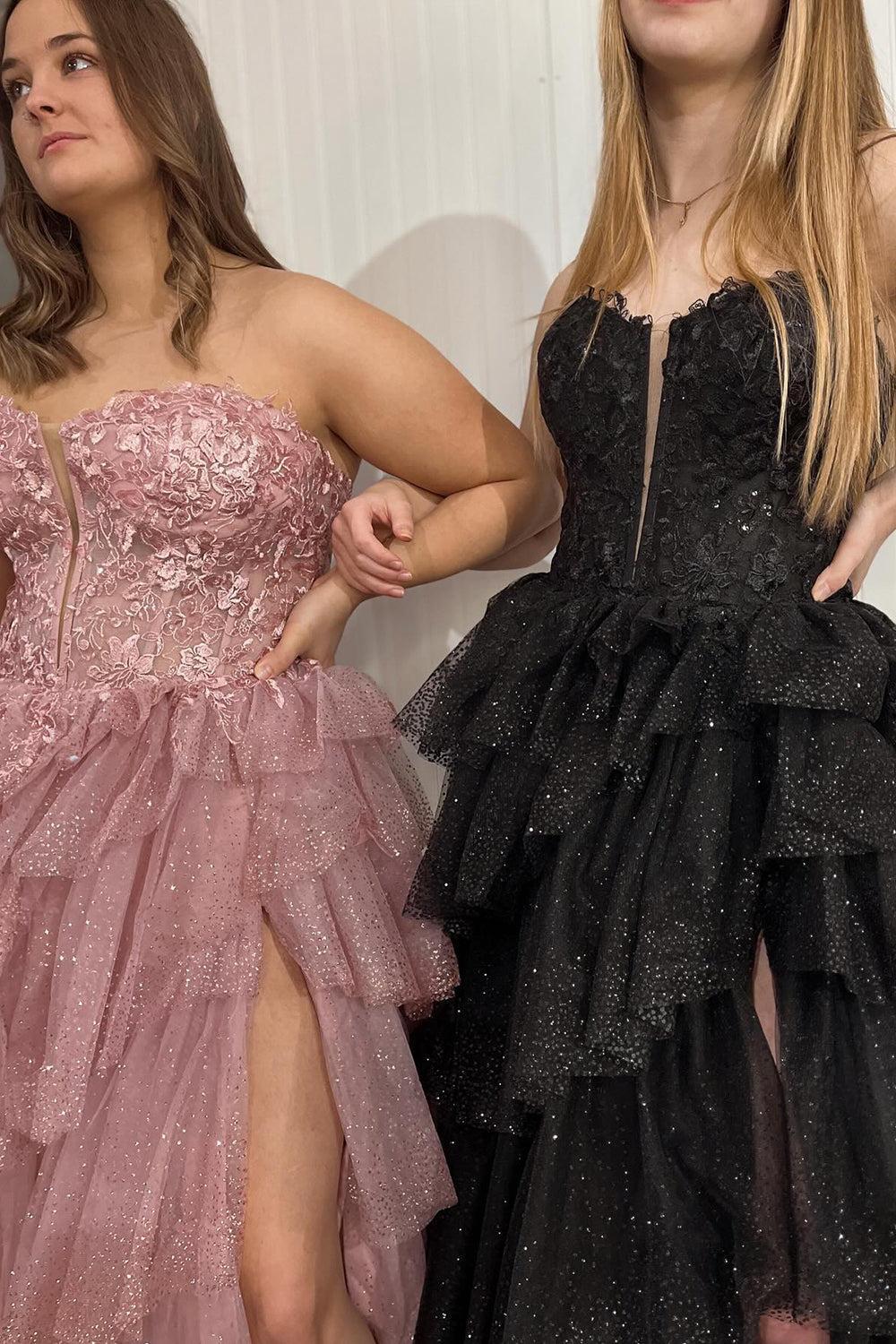 A Line Black Prom Dress Sweetheart Tulle Long Corset Evening Dress with Appliques