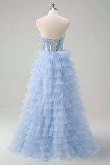 A Line Blue Strapless Mirror Tulle Long Tiered Prom Dress