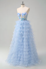 A Line Blue Strapless Mirror Tulle Long Tiered Prom Dress
