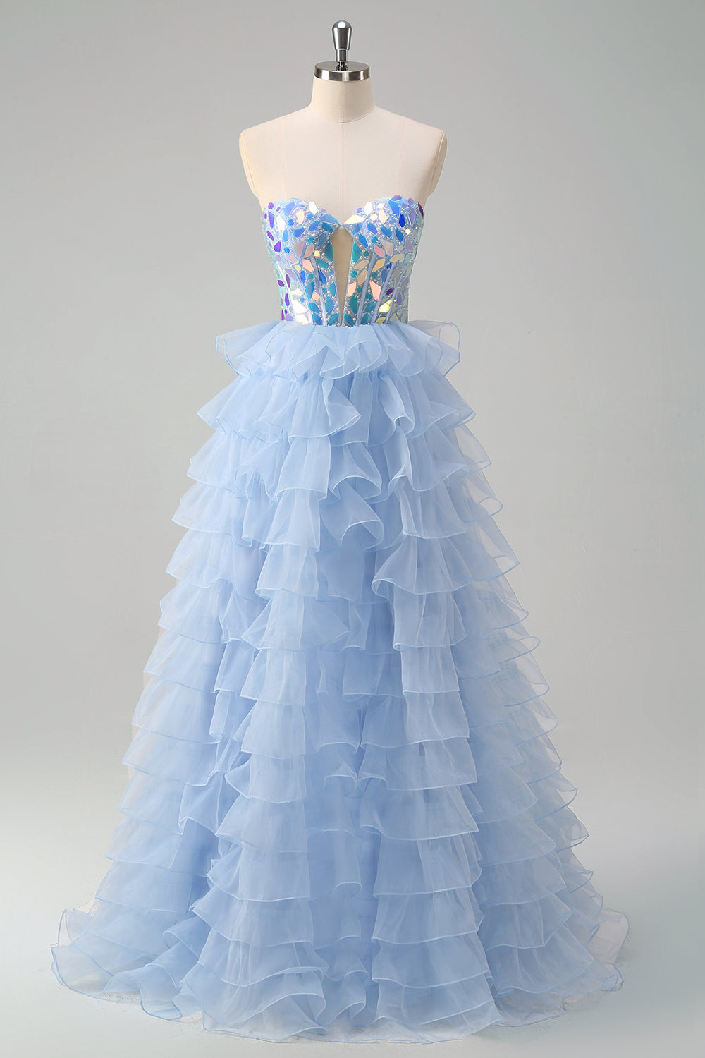A Line Blue Strapless Mirror Tulle Long Tiered Prom Dress
