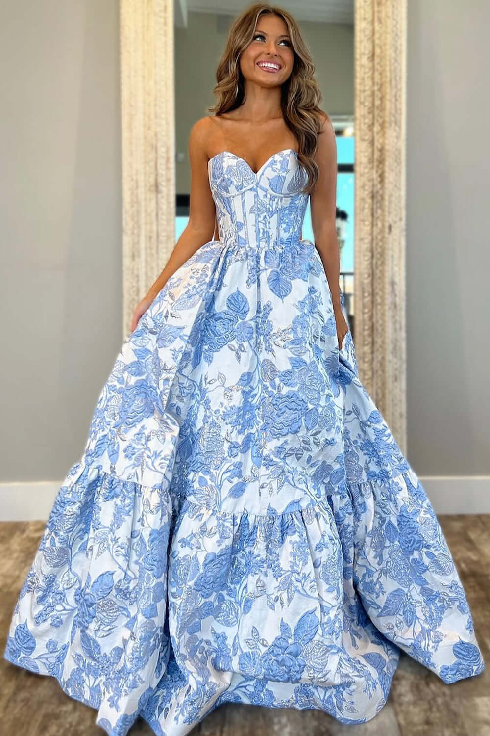 A-Line Blue Sweetheart Floral Corset Long Prom Dress