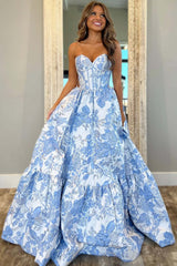 A-Line Blue Sweetheart Floral Corset Long Prom Dress