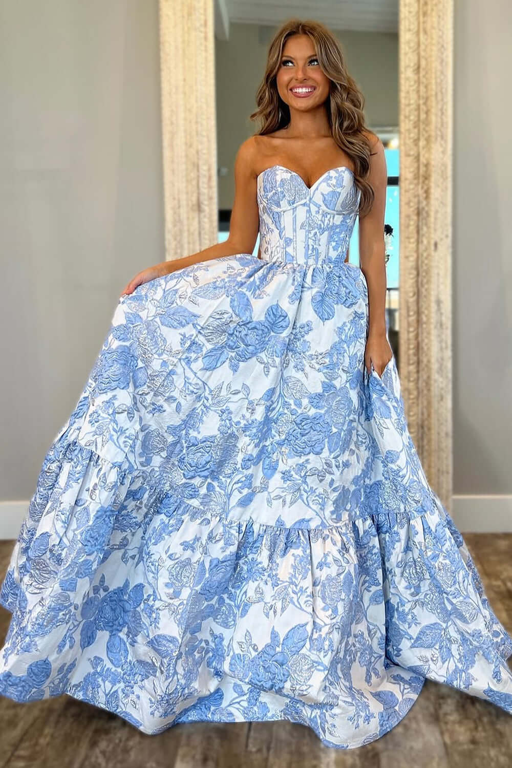 A-Line Blue Sweetheart Floral Corset Long Prom Dress