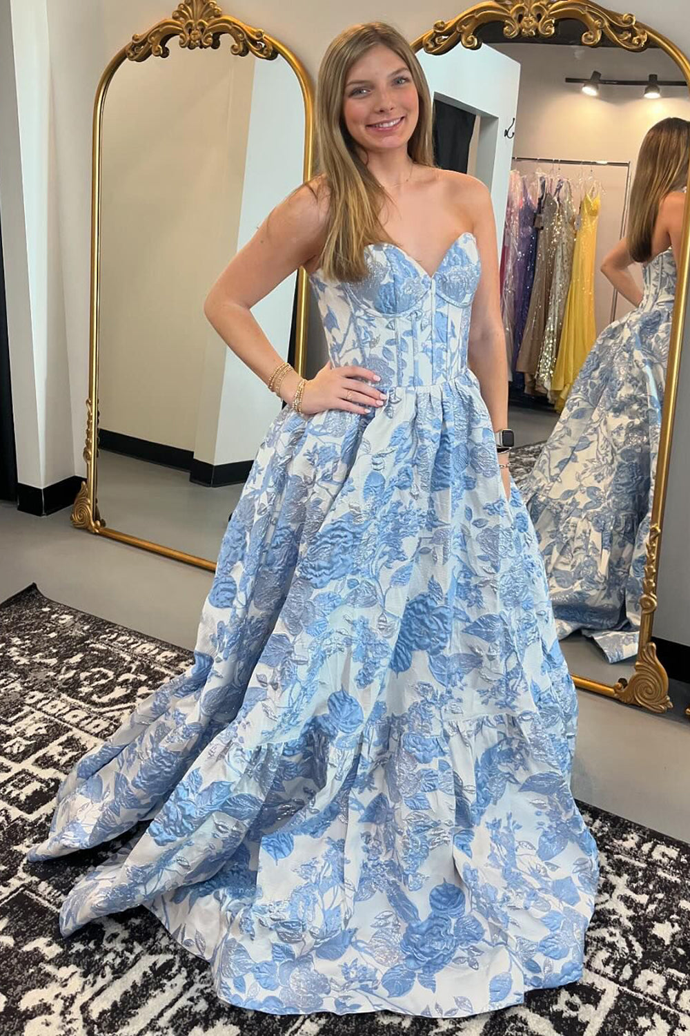 A-Line Blue Sweetheart Floral Corset Long Prom Dress Dreamyannie UK A-Line Blue Sweetheart Floral Corset Long Prom Dress Dreamyannie UK