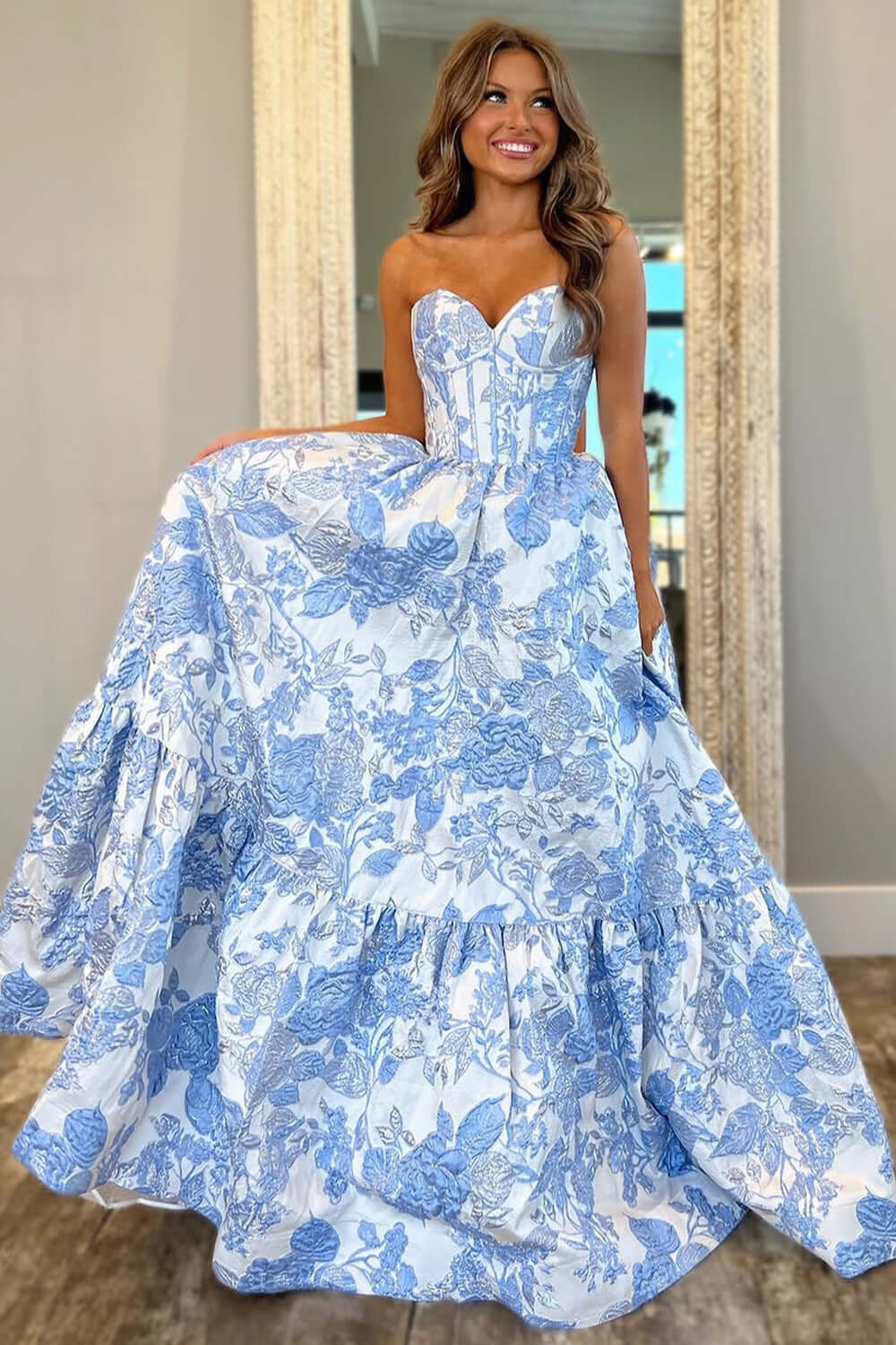 A-Line Blue Sweetheart Floral Corset Long Prom Dress