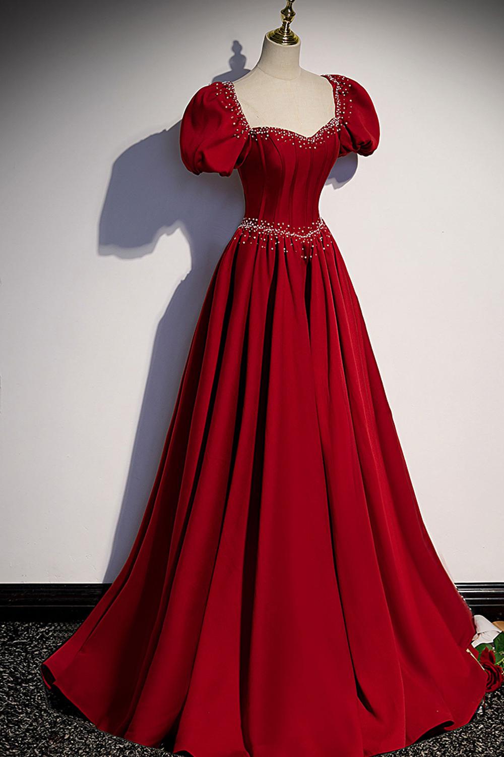 A Line Burgundy Prom Dress Satin Long Formal Party Dress Evening Dress