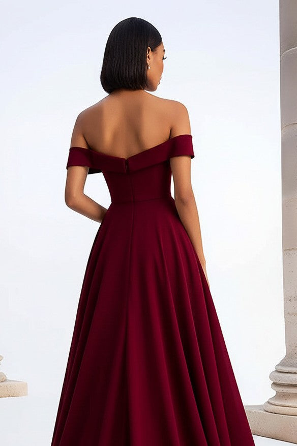 Dreamyannie A Line Burgundy Wedding Guest Dress Ruched Tea-Length Formal Dress