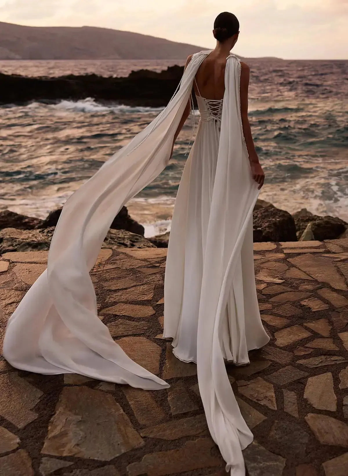A Line Cowl Neck Sleeveless Floor Length Stretch Satin Wedding Dress with Pockets and Detachable Shawl