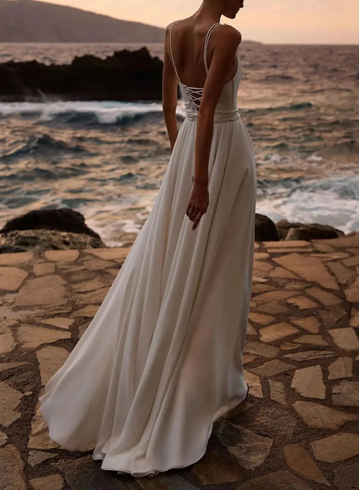 A Line Cowl Neck Sleeveless Floor Length Stretch Satin Wedding Dress with Pockets and Detachable Shawl