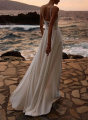 A Line Cowl Neck Sleeveless Floor Length Stretch Satin Wedding Dress with Pockets and Detachable Shawl