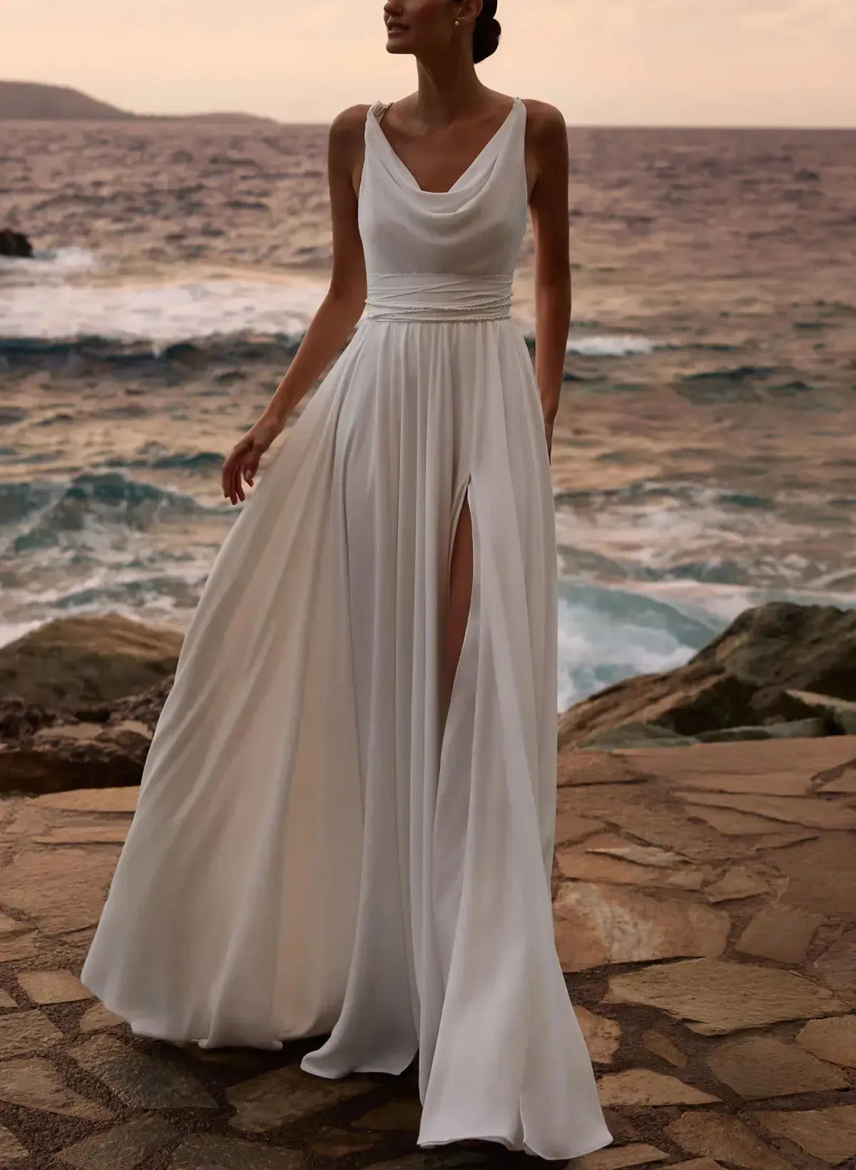 A Line Cowl Neck Sleeveless Floor Length Stretch Satin Wedding Dress with Pockets and Detachable Shawl