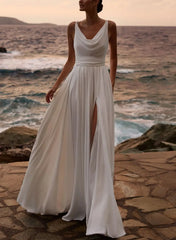 A Line Cowl Neck Sleeveless Floor Length Stretch Satin Wedding Dress with Pockets and Detachable Shawl