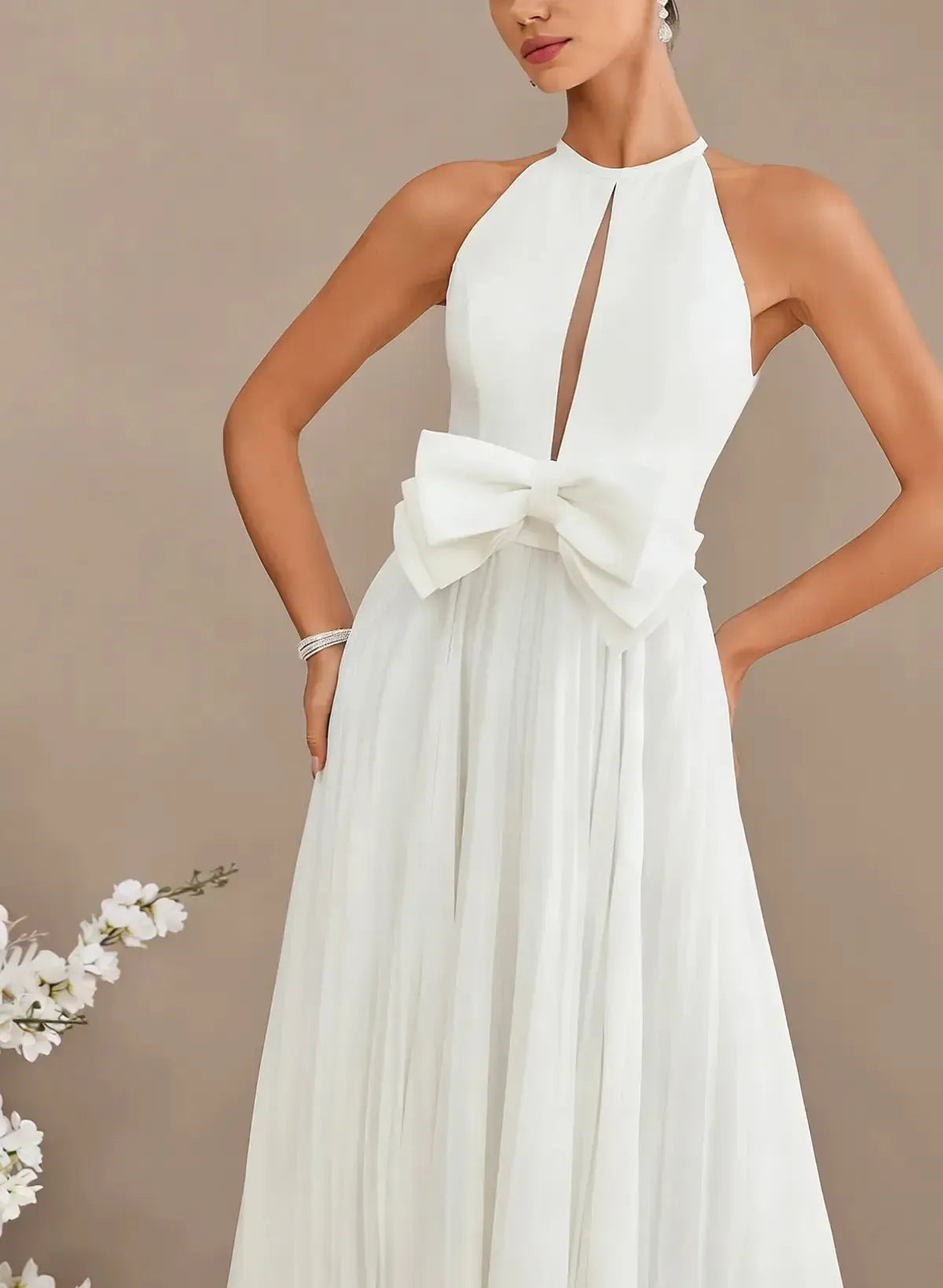 A Line Cowl Neck Sleeveless Sweep Train Chiffon Wedding Dress with Bow and Pockets